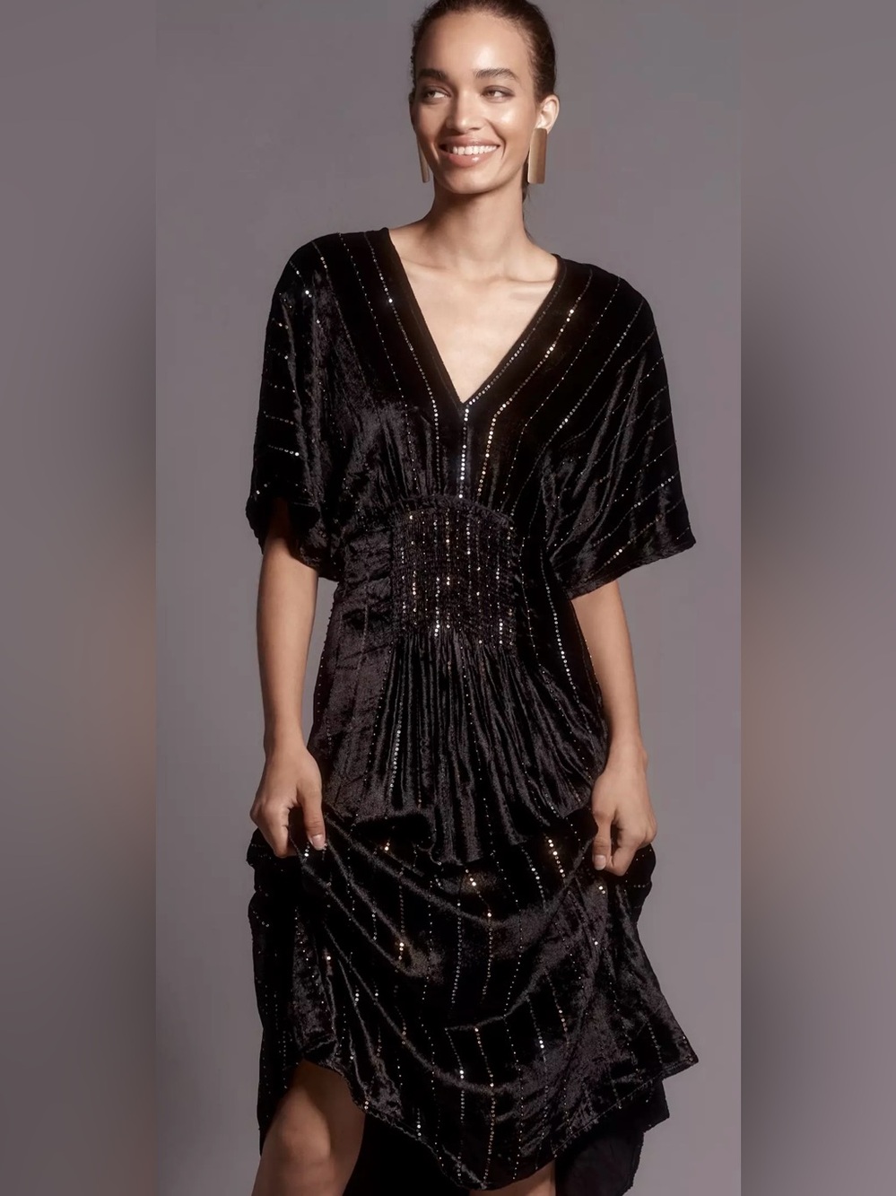 Anthropologie Tatiana Kaftan Dress Black Velvet Edition Sequin Maxi Dress O/S